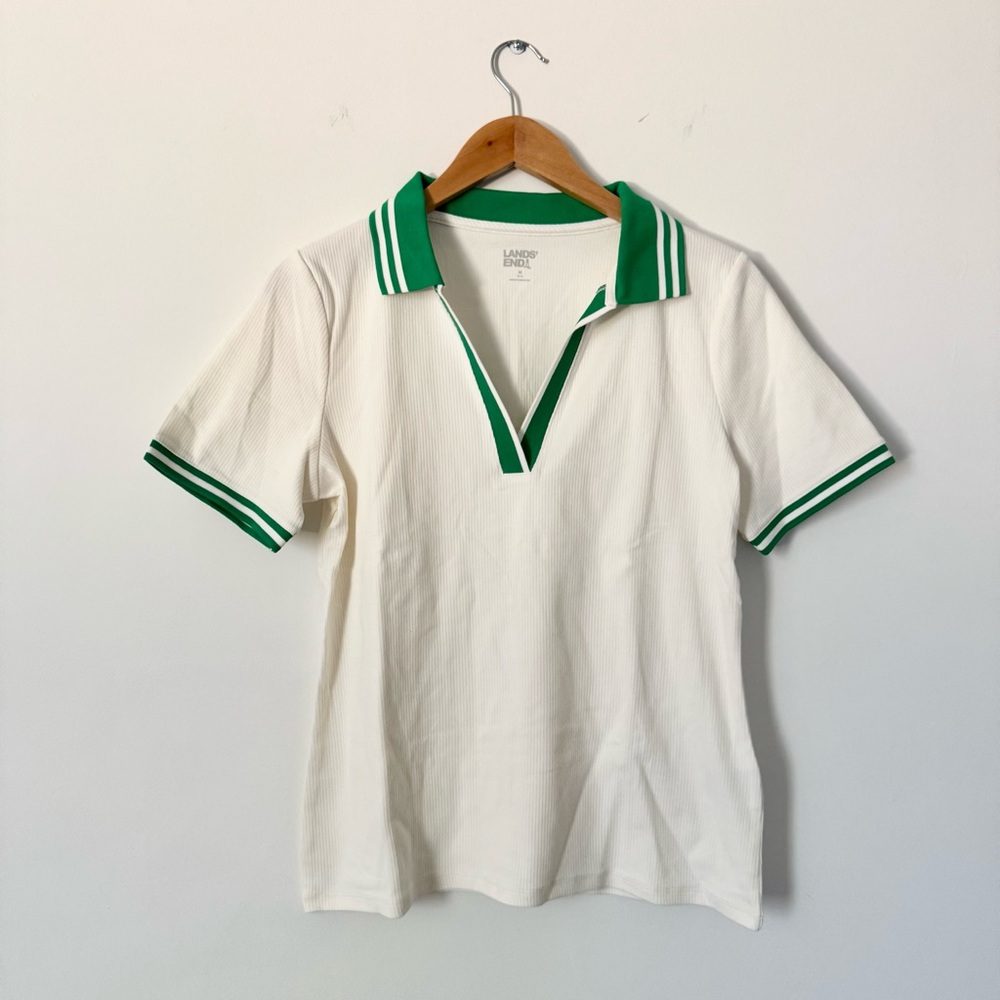 Lands' End Ribbed Polo Tee Off White Green Trim Size M